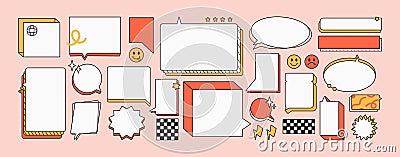 Retro speech bubbles groovy set. Different talk clouds, text boxes, dialogue balloons, message frames with geometric Vector Illustration