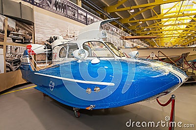 Retro speed boat, the exhibit of the historical Museum, Russia, Ekaterinburg, Verkhnyaya Pyshma, 04.03.2017 year Editorial Stock Photo