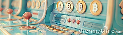 Retro 80sstyle arcade game featuring cryptocurrency icons and blockchain elements, combining nostalgia with modern finance, Stock Photo