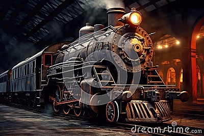 Retro steam train departs from the station. Generative AI Stock Photo
