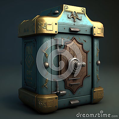 Retro Steampunk Safe, Vintage Banking, Ornate Steel Safe Drawing Imitation, Abstract Generative AI Illustration Stock Photo