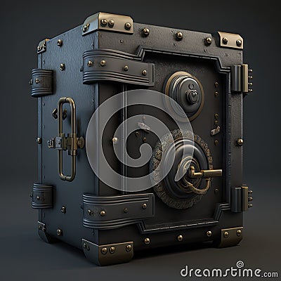 Retro Steampunk Safe, Vintage Banking, Ornate Steel Safe Drawing Imitation, Abstract Generative AI Illustration Stock Photo