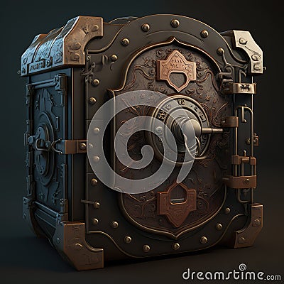 Retro Steampunk Safe, Vintage Banking, Ornate Steel Safe Drawing Imitation, Abstract Generative AI Illustration Stock Photo