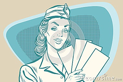Retro stewardess with ticket Vector Illustration