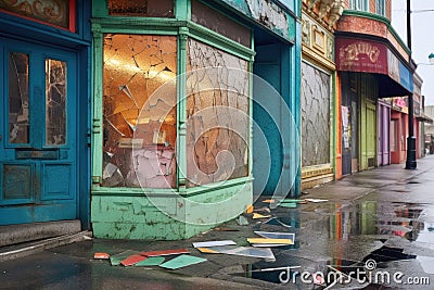 retro storefronts with peeling paint and shattered glass Stock Photo