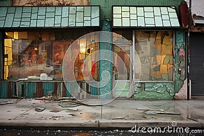 retro storefronts with peeling paint and shattered glass Stock Photo