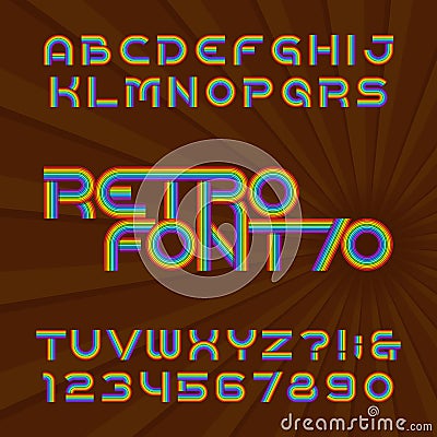 Retro stripe alphabet vector font. Funky type letters and numbers in 70`s style. Vector Illustration