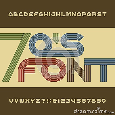 Retro stripe alphabet vector font. Funky type letters, numbers and symbols in 70's style. Vector Illustration