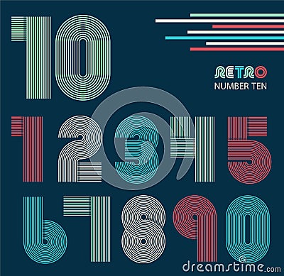 Retro stripes funky numbers set on blue Vector Illustration