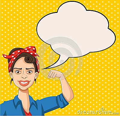 Retro strong woman talking with speech bubbles. Vector Illustration