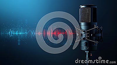 Retro Studio Podcast microphone with radio waves on dark background with copy space AI generated Stock Photo