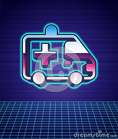 Retro style Ambulance and emergency car icon isolated futuristic landscape background. Ambulance vehicle medical Vector Illustration