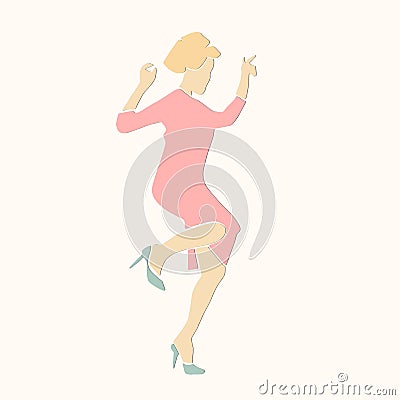 Single dancing blond woman in pink dress. Vector Illustration