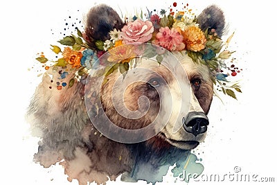 Retro style Bear Colorful spring flowers in front head Stock Photo