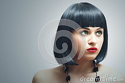 Retro style Beautiful Brunette Girl.Healthy Hair.red lips Stock Photo