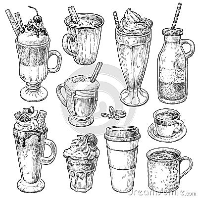 Retro style coffee set. Different types of pastry and coffee, latte, cappuccino, coffe to go cup. Vector Illustration