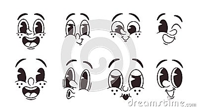 Retro-style Emoji Set Features Charming, Black and White Face Expressions, Evoking Nostalgia With Monochrome Palette Vector Illustration