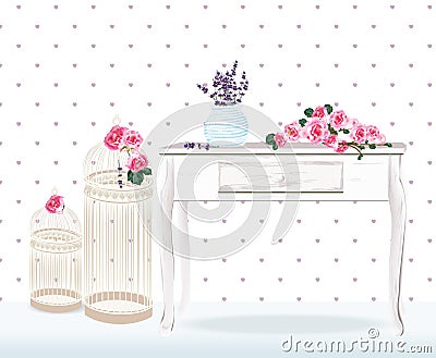 Retro style floral decorations for wedding, birthday, invitation card. Vintage wedding decor peony, lavender, bird cages Vector Illustration