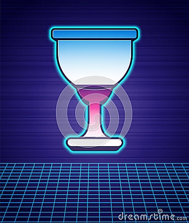 Retro style Holy grail or chalice icon isolated futuristic landscape background. Christian chalice. Christianity icon Vector Illustration