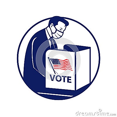 American Voter Wearing Face Mask Voting During Pandemic Election Retro Vector Illustration