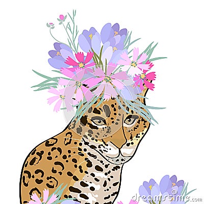 Retro style Illustration with flowers and animal Vector Illustration