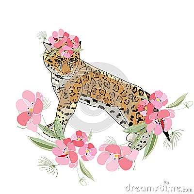 Retro style Illustration with flowers and animal Vector Illustration