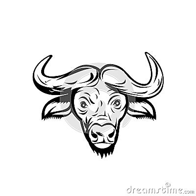 Head of an African Buffalo or Cape Buffalo Front View Retro Black and White Vector Illustration