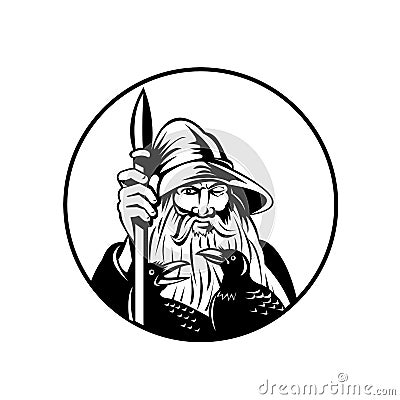 Odin Norse God of War and of the Dead and Ravens Circle Retro Black and White Vector Illustration