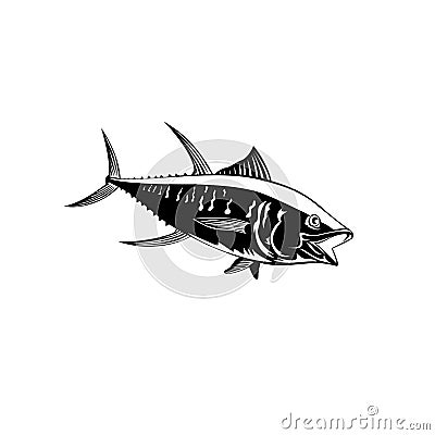 Yellowfin Tuna Thunnus Albacares or Ahi Swimming Side Retro Black and White Vector Illustration