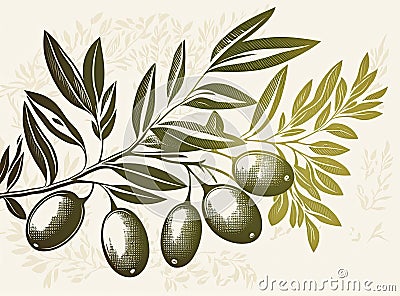 A retro-style image of an olives branch on a white background using risograph risoprint printing Stock Photo