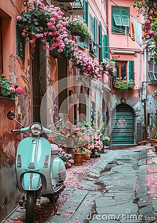 Retro-style Italian legendary scooter in rests on narrow old town center street covered flowers petals, awaiting its owner. An Stock Photo