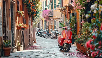 Retro-style Italian legendary scooter rests on narrow old town center street covered flowers petals, awaiting its owner. An Stock Photo