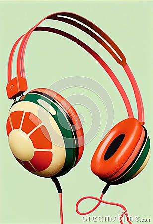 Retro style orange, green and white headphone on a mint color background Cartoon Illustration