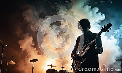 Retro style photo of bassist silhouette surrounded by smoke in concert Stock Photo