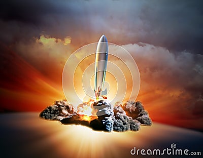 Retro style rocket taking off Stock Photo