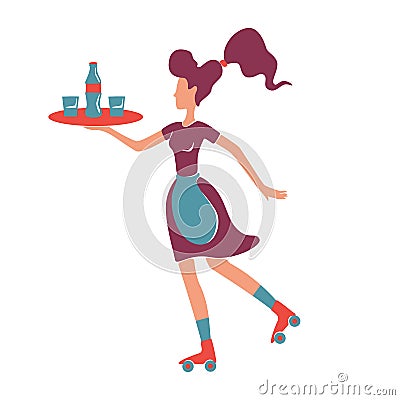 Retro style roller waitress serving flat color vector faceless character Vector Illustration