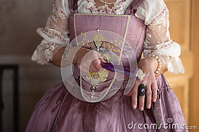 Retro style royal medieval ball - Majestic palace with gorgeous people dressed in king and queen`s friends dresses with Stock Photo