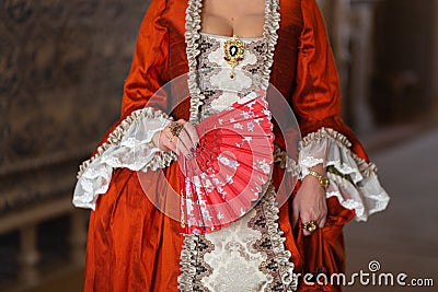 Retro style royal medieval ball - Majestic palace with gorgeous people dressed in king and queen`s friends dresses with Stock Photo