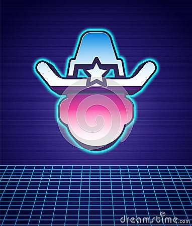 Retro style Sheriff cowboy hat with star badge icon isolated futuristic landscape background. Police officer. 80s Vector Illustration