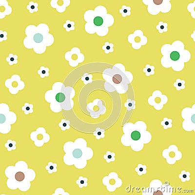 Retro Style Simple White Flowers on Lemon Yellow Background Vector Seamless Pattern. Clean Abstract Floral Print Vector Illustration