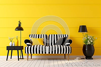 Retro style sitting area white painted floorboards black and white striped sofa large potted floor plant Generative AI Stock Photo