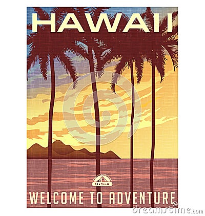 Retro style travel poster or sticker. Hawaii Vector Illustration