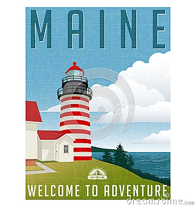 Retro style travel poster United States, Maine lighthouse. Vector Illustration