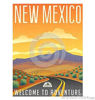 Retro style travel poster United States, New Mexico desert Vector Illustration