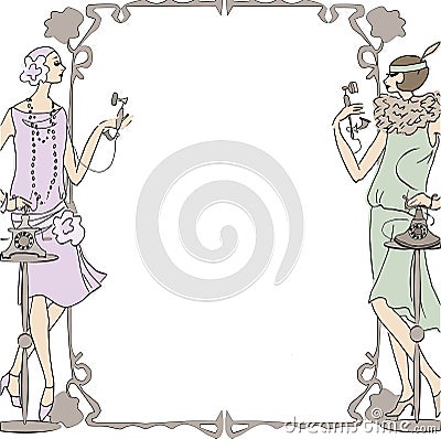 Retro style vintage frame , border. Two women dressed in old fashion style, holding telephones. Vector background Vector Illustration