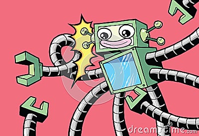 Retro style vintage happy robot with robotic arms Vector Illustration