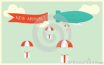 Retro styled airship with the ribbon and text new arrival and gifts for potential customers. Cool set of vector helium ad blimp ai Vector Illustration