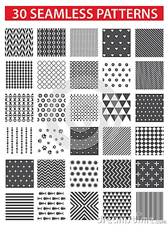 30 retro styled black vector seamless patterns: abstract, vintage, technology and geometric. Vector Illustration