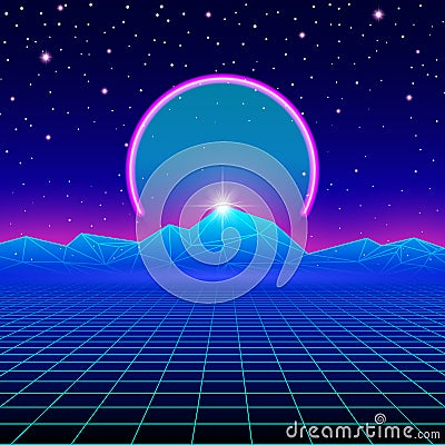 Retro styled futuristic landscape with neon arc Vector Illustration