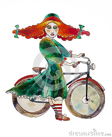 Retro styled girl with a bycycle watercolor painting Stock Photo